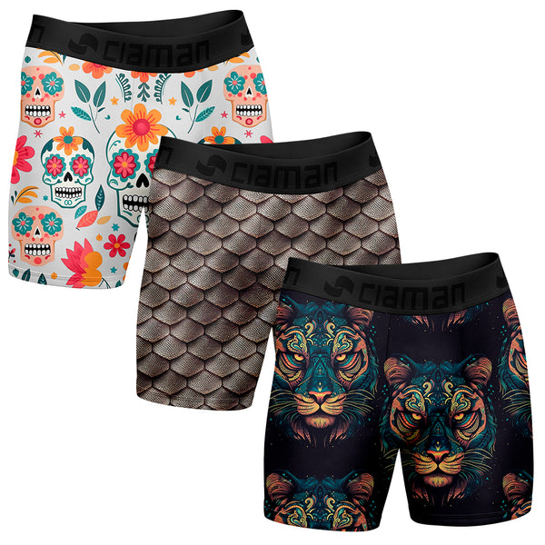 Kit 3 Long Boxer Briefs Digital Print Style Tiger/Snake/Mexican