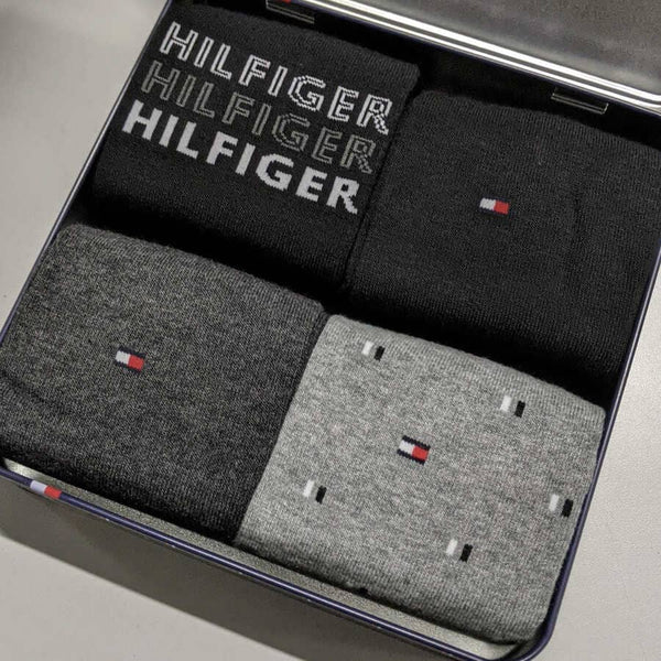 Kit 4 Meias Tommy Hilfiger Gift Box Cano Longo Preta e Cinza