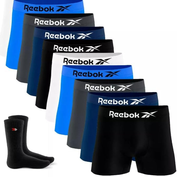 Kit 9 Cuecas Boxer Reebok Masculinas Microfibra Adulto Sem Costura+ 2 Meias