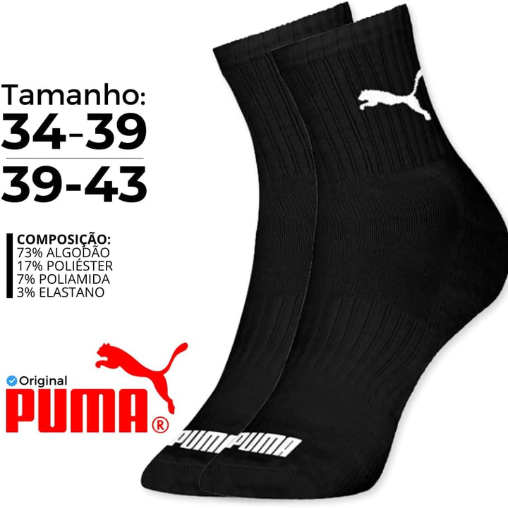 Kit 06 Pares Meia Puma Cano Médio Esportiva Everyday Algodão Adulto Unissex | 6 Pretas | 39-43