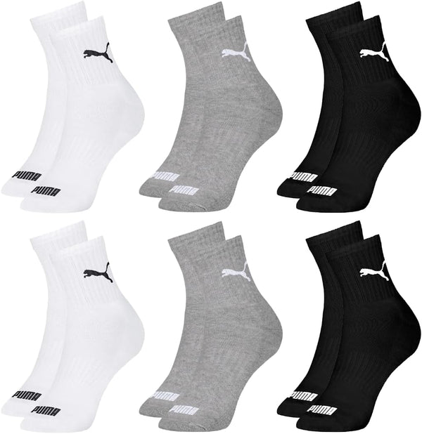 Kit 06 Pares Meia Puma Cano Médio Esportiva Everyday Algodão Adulto Unissex | 2 Branco - 2 Cinza - 2 Preto | 39-43