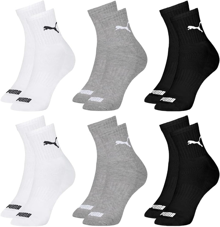 Kit 06 Pares Meia Puma Cano Médio Esportiva Everyday Algodão Adulto Unissex | 2 Branco - 2 Cinza - 2 Preto | 39-43