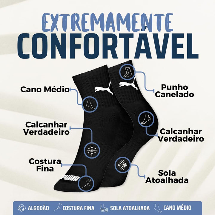 Kit 06 Pares Meia Puma Cano Médio Esportiva Everyday Algodão Adulto Unissex | 6 Pretas | 39-43