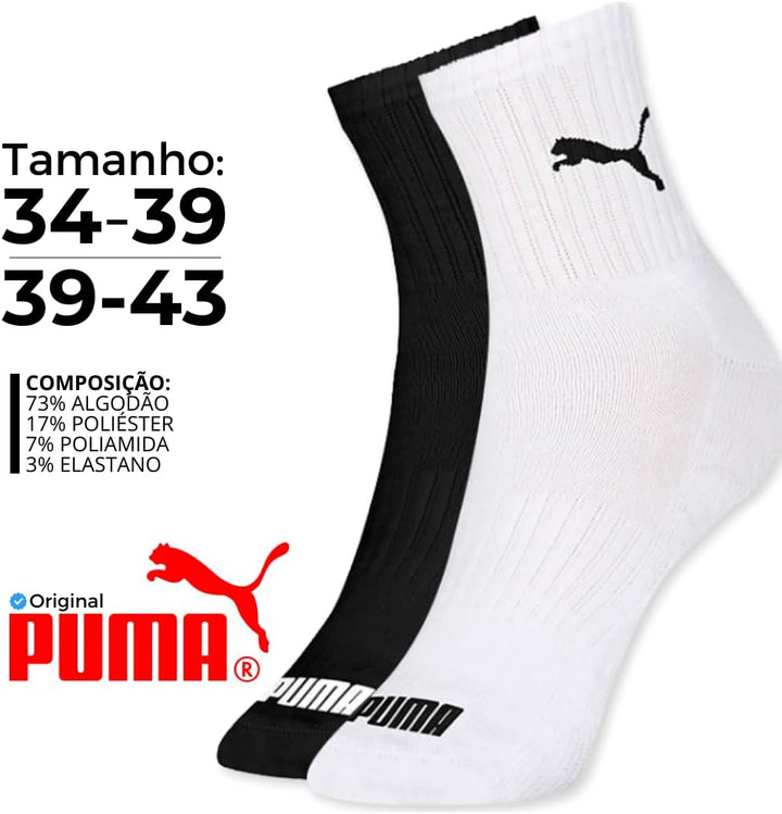 Kit 06 Pares Meia Puma Cano Médio Esportiva Everyday Algodão Adulto Unissex | 2 Branco - 2 Cinza - 2 Preto | 39-43