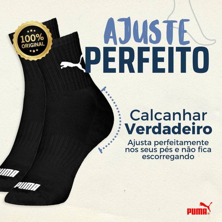 Kit 06 Pares Meia Puma Cano Médio Esportiva Everyday Algodão Adulto Unissex | 2 Branco - 2 Cinza - 2 Preto | 39-43