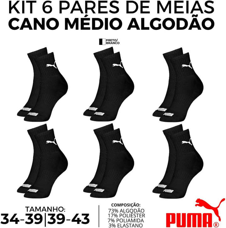 Kit 06 Pares Meia Puma Cano Médio Esportiva Everyday Algodão Adulto Unissex | 6 Pretas | 39-43