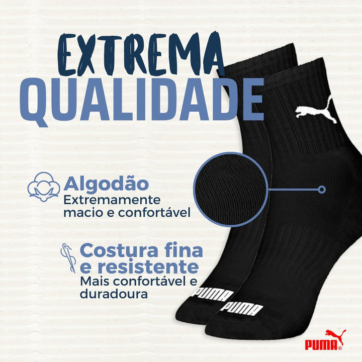 Kit 06 Pares Meia Puma Cano Médio Esportiva Everyday Algodão Adulto Unissex | 6 Pretas | 39-43