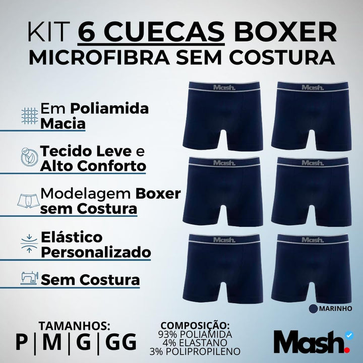 Kit 6 Cuecas Boxer Mash Microfibra Sem Costura Box Masculina Adulto