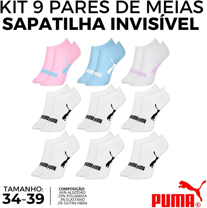 PUMA Kit 9 Pares Meia Invisível Sapatilha Adulto Feminina, 1 Azul Claro - 7 Branco - 1 Rosa Claro, 34-39