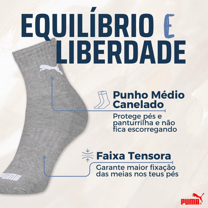Kit 06 Pares Meia Puma Cano Médio Esportiva Everyday Algodão Adulto Unissex | 2 Branco - 2 Cinza - 2 Preto | 39-43