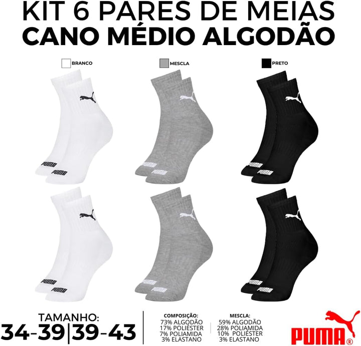 Kit 06 Pares Meia Puma Cano Médio Esportiva Everyday Algodão Adulto Unissex | 2 Branco - 2 Cinza - 2 Preto | 39-43