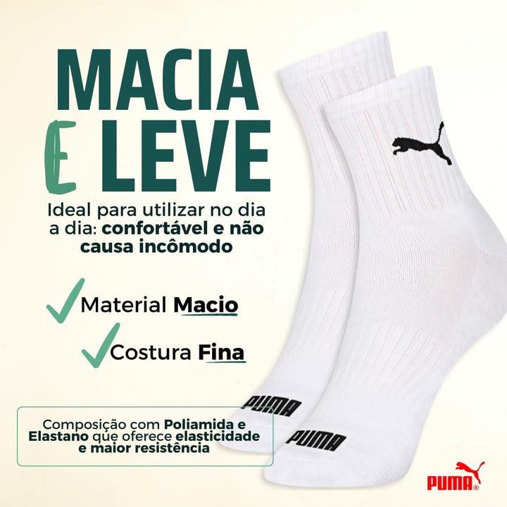 Kit 06 Pares Meia Puma Cano Médio Esportiva Everyday Algodão Adulto Unissex | 2 Branco - 2 Cinza - 2 Preto | 39-43