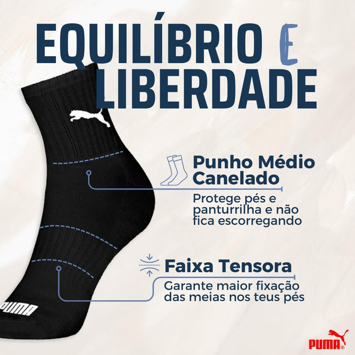 Kit 06 Pares Meia Puma Cano Médio Esportiva Everyday Algodão Adulto Unissex | 6 Pretas | 39-43