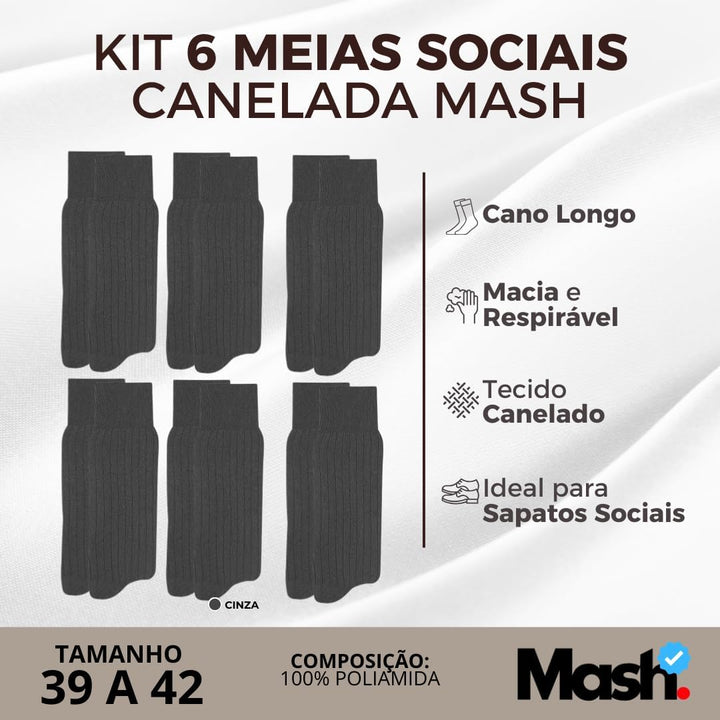 Kit 06 Meia Social Mash Poliamida Cano Longo Canelada