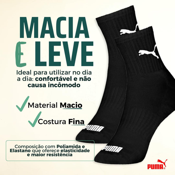 Kit 06 Pares Meia Puma Cano Médio Esportiva Everyday Algodão Adulto Unissex | 6 Pretas | 39-43