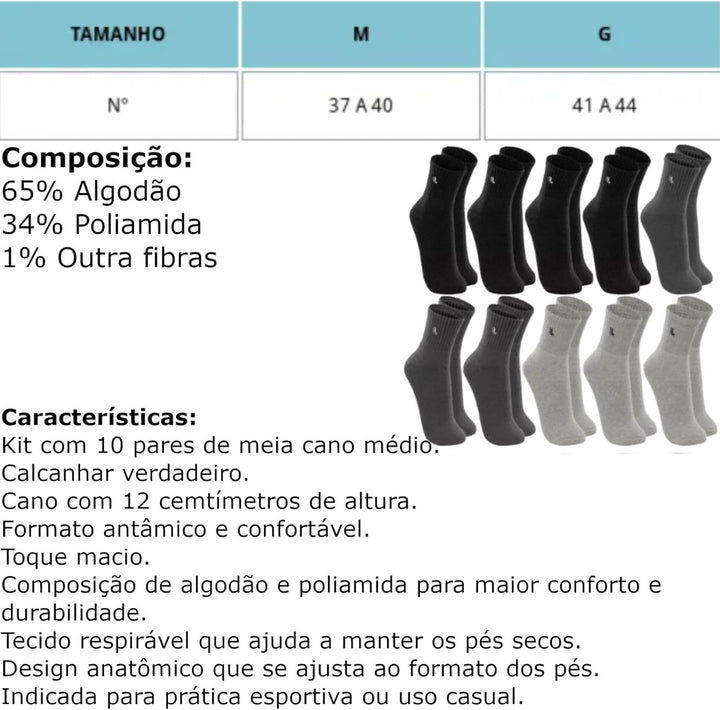 Kit 10 Pares Meia Lupo Algodão Cano Médio Masculina Original (BR, Alfa, G, Regular, Regular, SORTIDA 1)