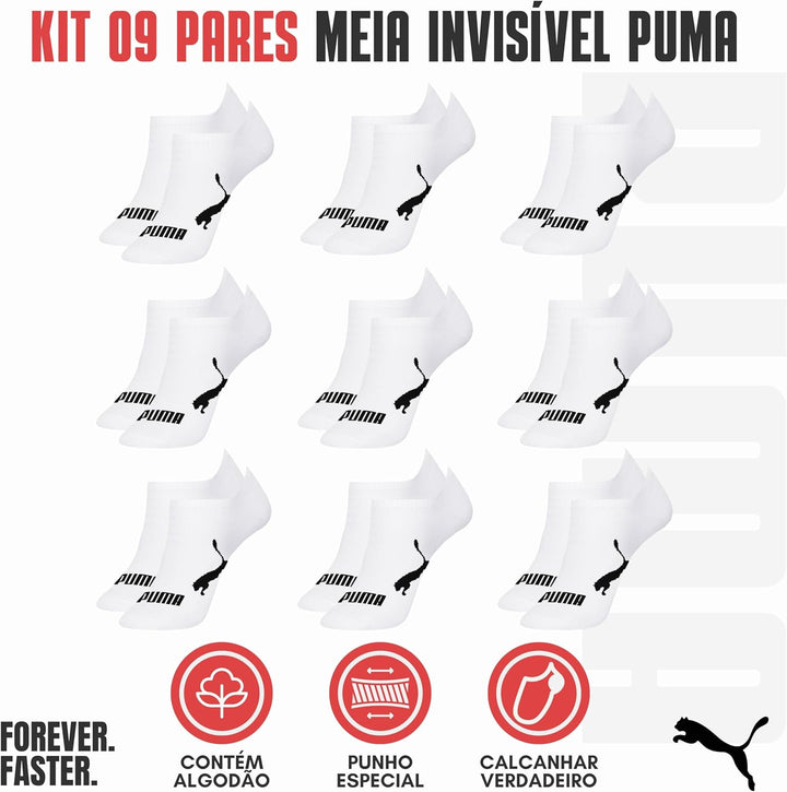 PUMA Kit 9 Pares Meia Sapatilha Invisível Esportiva Masculino Adulto, 9 Branca, 39-43