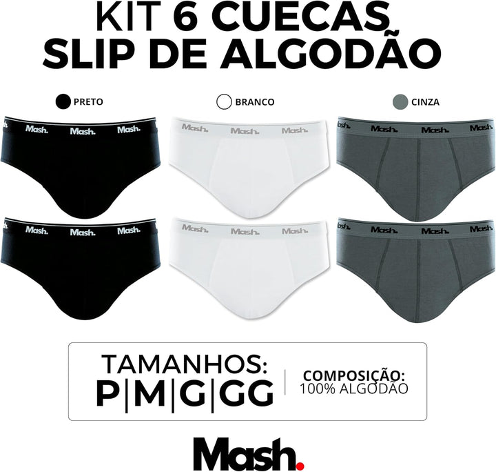 Kit 06 Cuecas Slip Algodão Elástico Boxer Mash Masculino Adulto