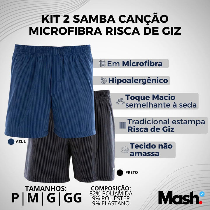 Kit 02 Samba Canção Mash Microfibra Listrada Masculino Adulto | 1 Preto - 1 Azul | P |