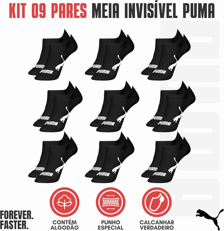 PUMA Kit 9 Pares Meia Sapatilha Invisível Esportiva Masculino Adulto, 9 Pretas, 39-43