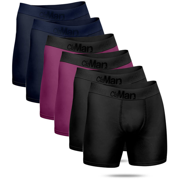 Kit 6 Long Antimicrobial Boxer Briefs Black Navy Purple