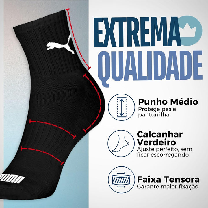 Kit 06 Pares Meia Puma Cano Médio Esportiva Everyday Algodão Adulto Unissex