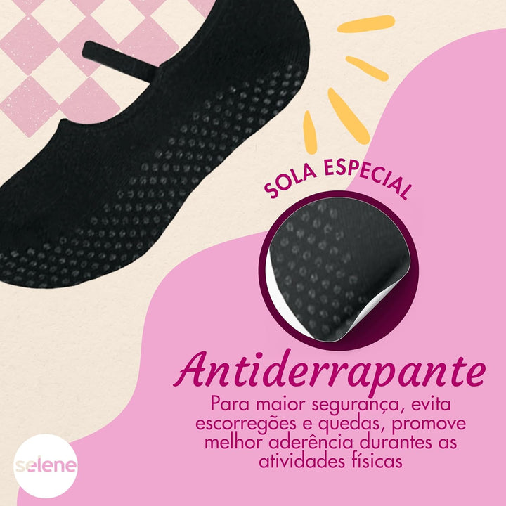 SELENE Meia Sapatilha Antiderrapante Feminina Confortável Yoga Pilates Adulto, Preto, 34-39