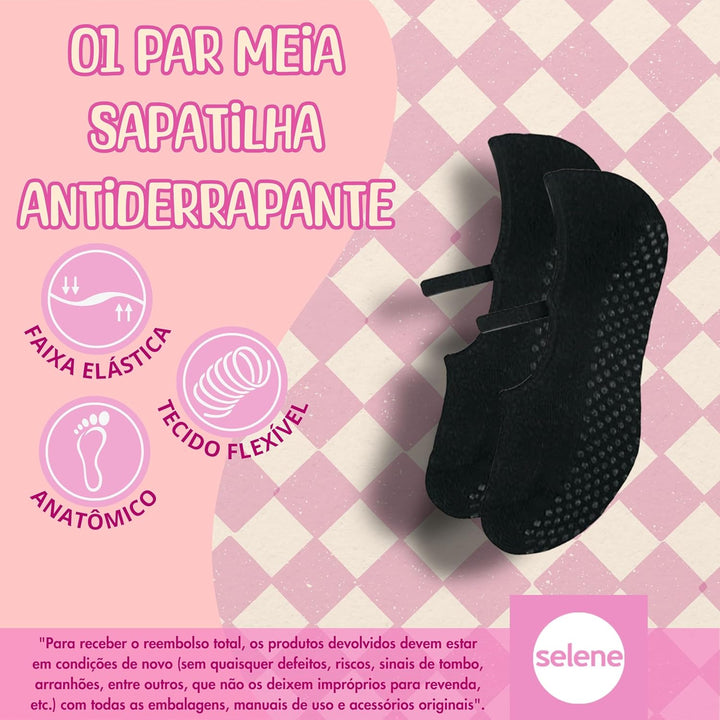 SELENE Meia Sapatilha Antiderrapante Feminina Confortável Yoga Pilates Adulto, Preto, 34-39