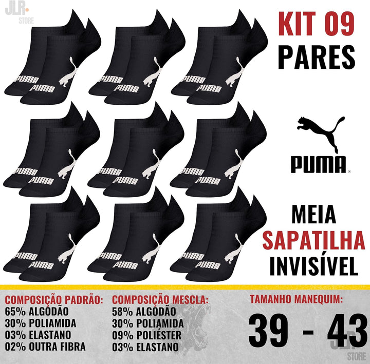 PUMA Kit 9 Pares Meia Sapatilha Invisível Esportiva Masculino Adulto, 9 Preta, 39-43