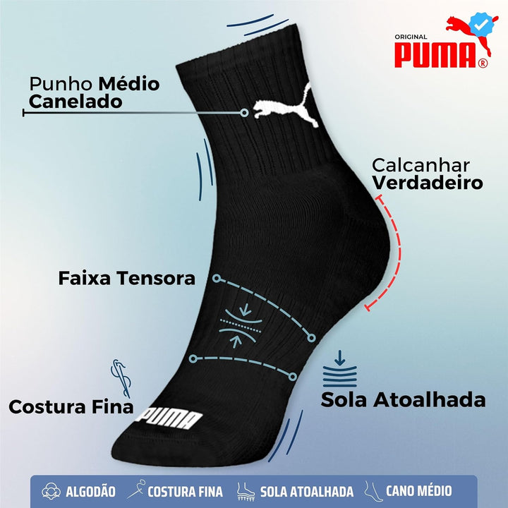 Kit 06 Pares Meia Puma Cano Médio Esportiva Everyday Algodão Adulto Unissex