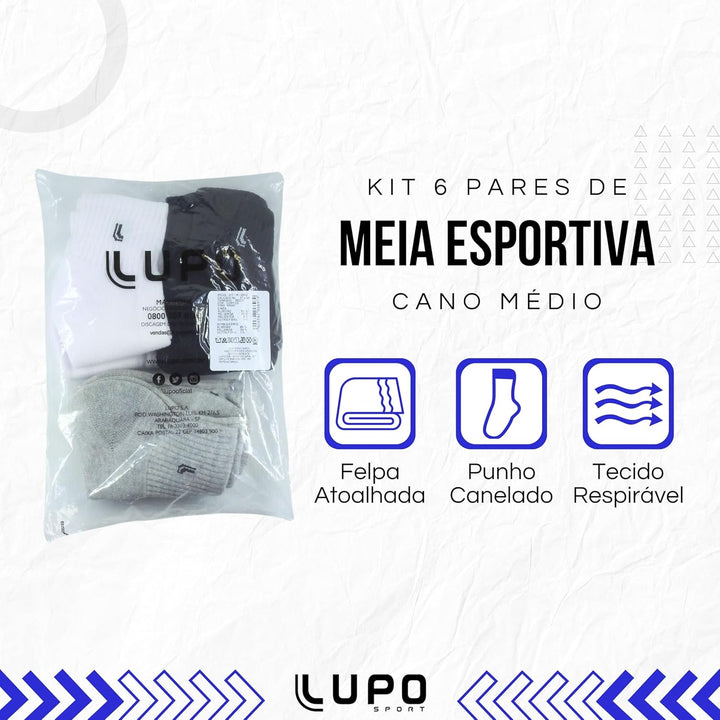Kit 6 Pares de Meia Lupo Cano Médio Atoalhada Punho Canelado