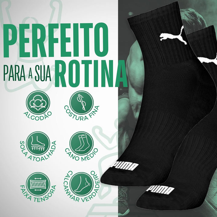 Kit 06 Pares Meia Puma Cano Médio Esportiva Everyday Algodão Adulto Unissex