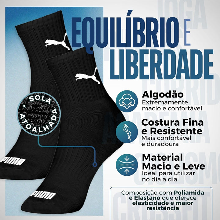Kit 06 Pares Meia Puma Cano Médio Esportiva Everyday Algodão Adulto Unissex