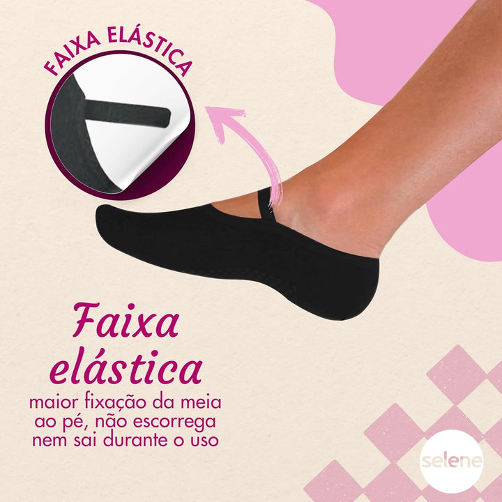 SELENE Meia Sapatilha Antiderrapante Feminina Confortável Yoga Pilates Adulto, Preto, 34-39