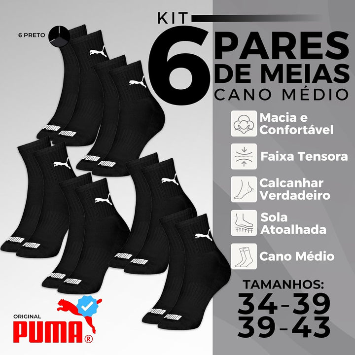 Kit 06 Pares Meia Puma Cano Médio Esportiva Everyday Algodão Adulto Unissex