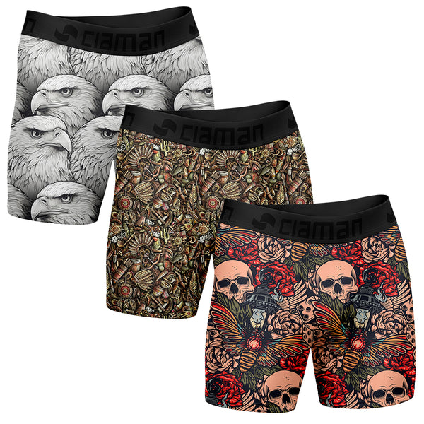 Kit 3 Long Boxer Briefs Digital Print Style Eagle/Indian/Moth