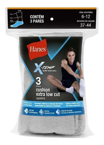 Kit 3 Meias Esportivas Invisível Hanes Algodão Cinza