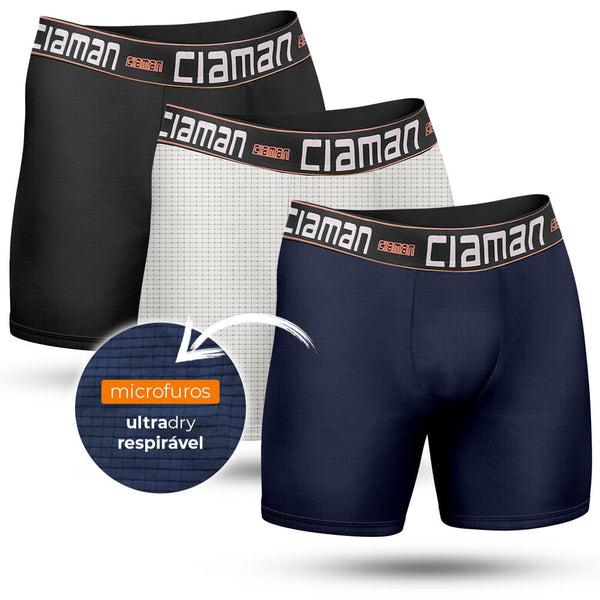 Kit 3 Long Super Dry Breathable Boxer Briefs CIAMAN Pt/Br/Az